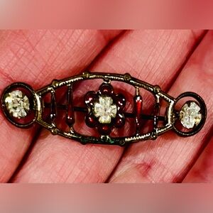 Antique Red Enamel & Paste Bar Brooch, Brass Floral Design c.1910s